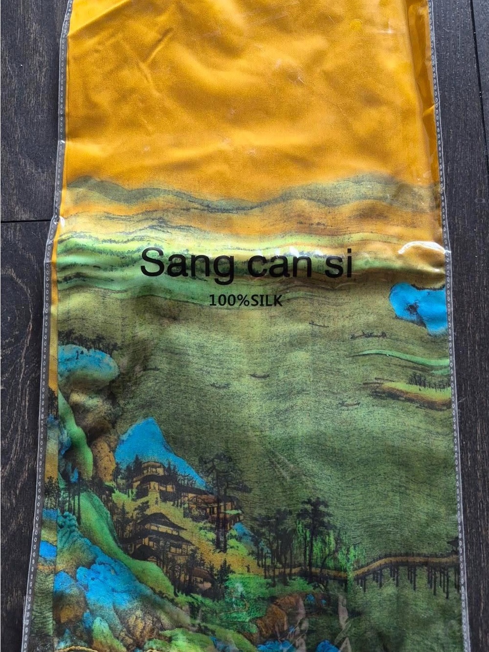 Sang can si 100% Silk Scenic Print Scarf - Yellow, Green, Blue